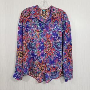 L'Amour brightly colored abstract print hilow button up long sleeve blouse sz XL